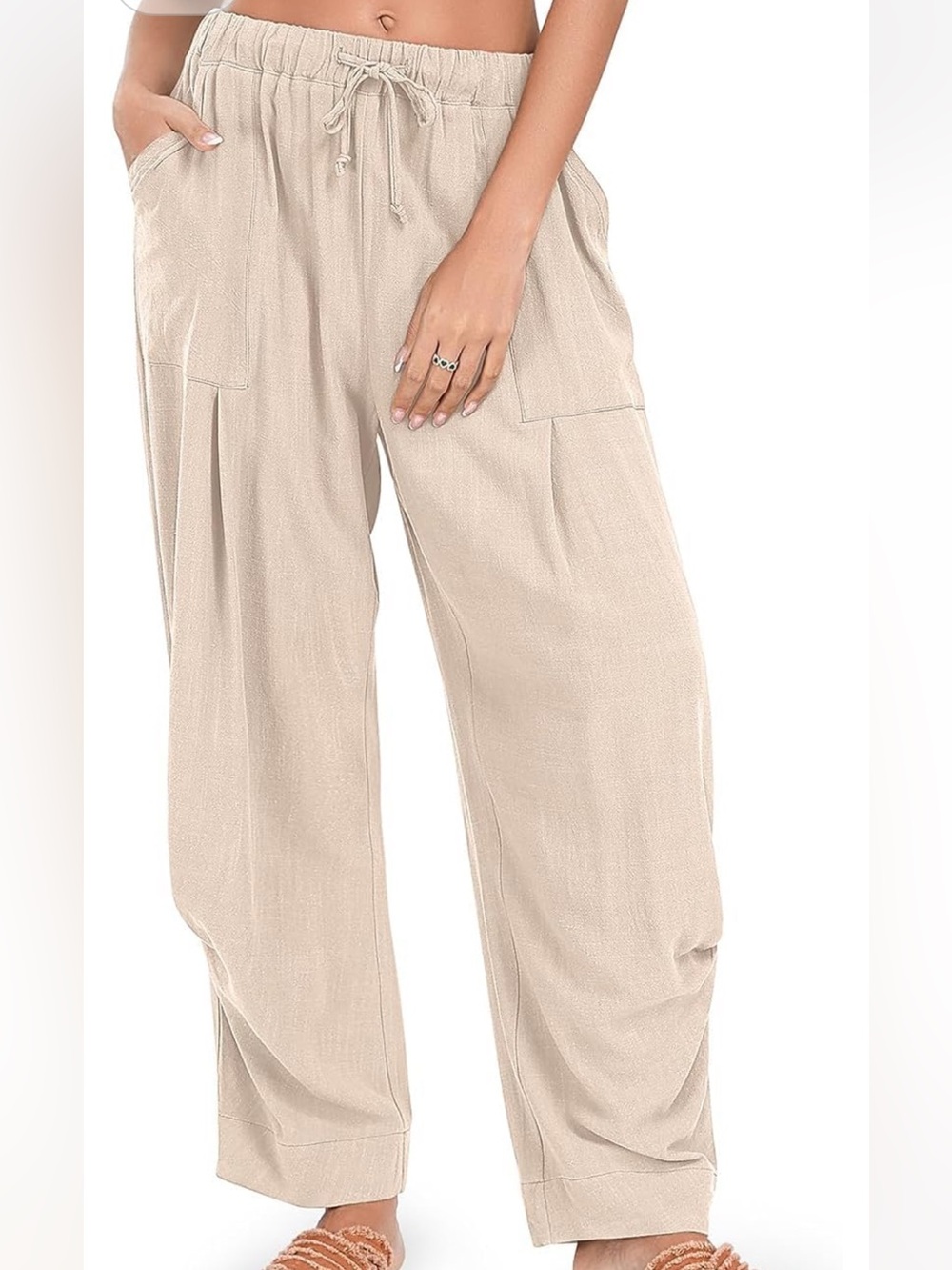 Women's Wide Leg Drawstring Pants in Light Beige